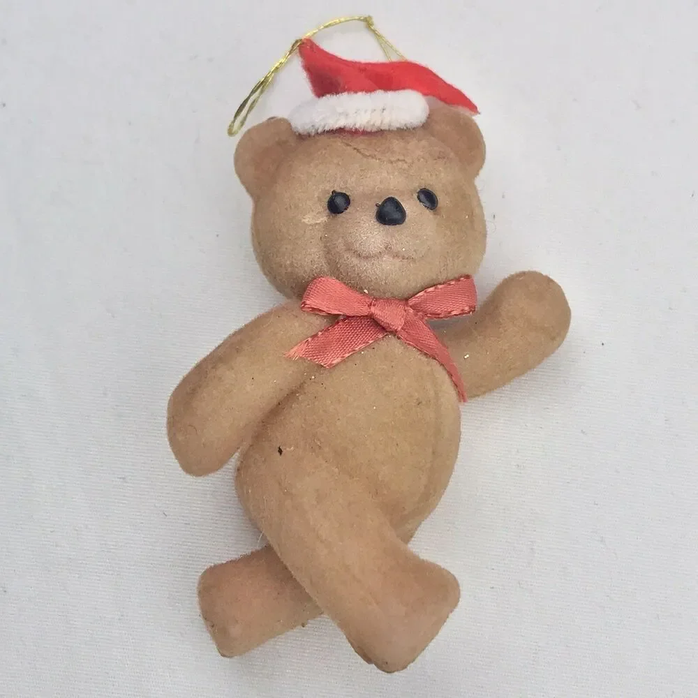 Flocked Teddy Bear Ornament Vintage Christmas Santa Hat Bow Tie MCM